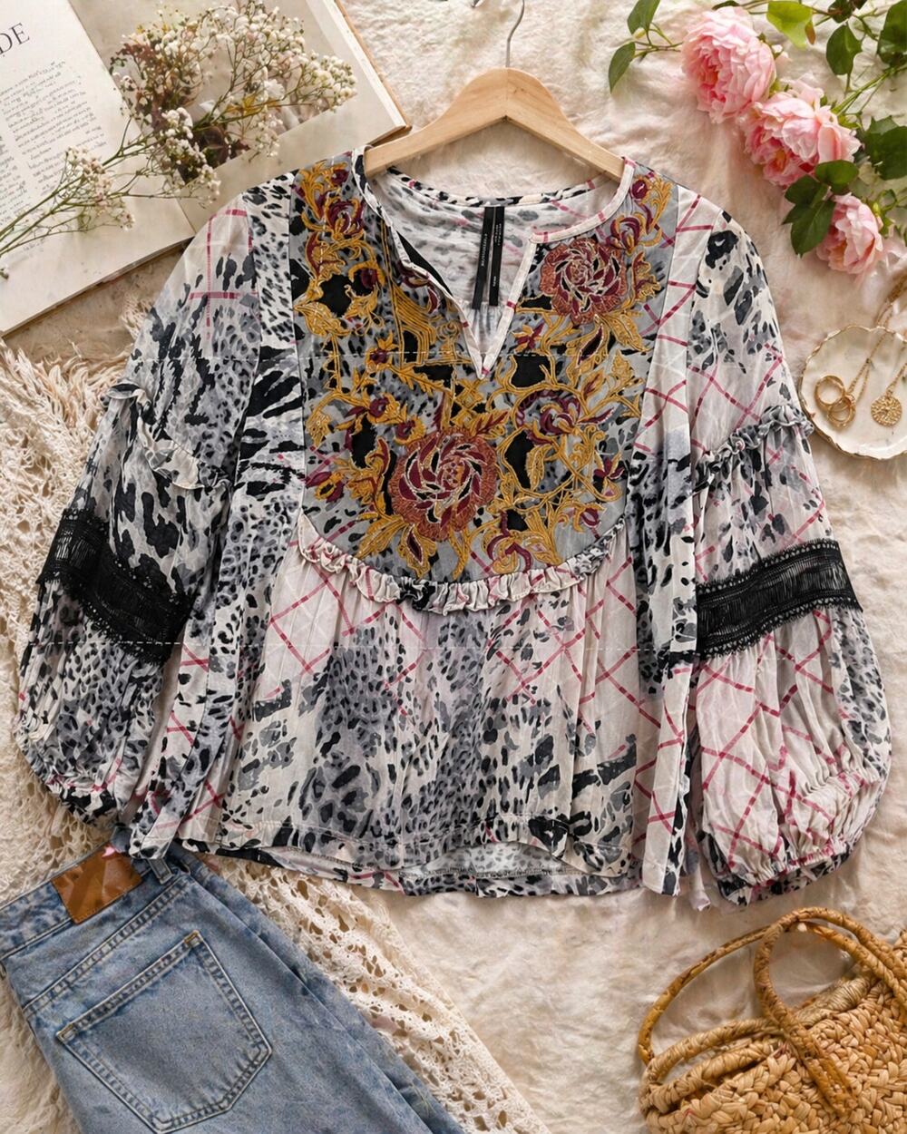 Anthropologie Mathilda Blouse XXS Floral Mixed Print Balloon Sleeve Boho Top